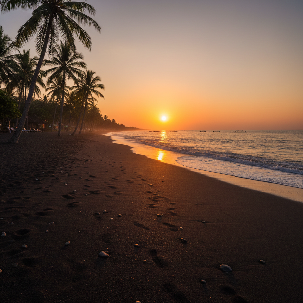 Volcanic black sand beach with palm silhouettes at sunset, Bali — Ubud & Uluwatu, Bali — Bali, Indonesien — Oktober 2024 — Reisefoto von Mitch