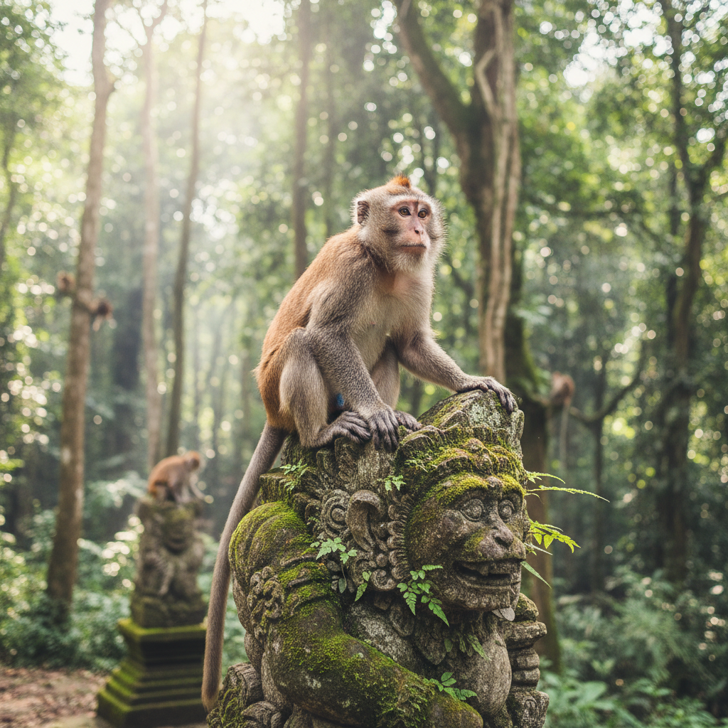 Monkey forest in Ubud, langur monkey on mossy statue — Ubud & Uluwatu, Bali — Bali, Indonesien — Oktober 2024 — Reisefoto von Mitch
