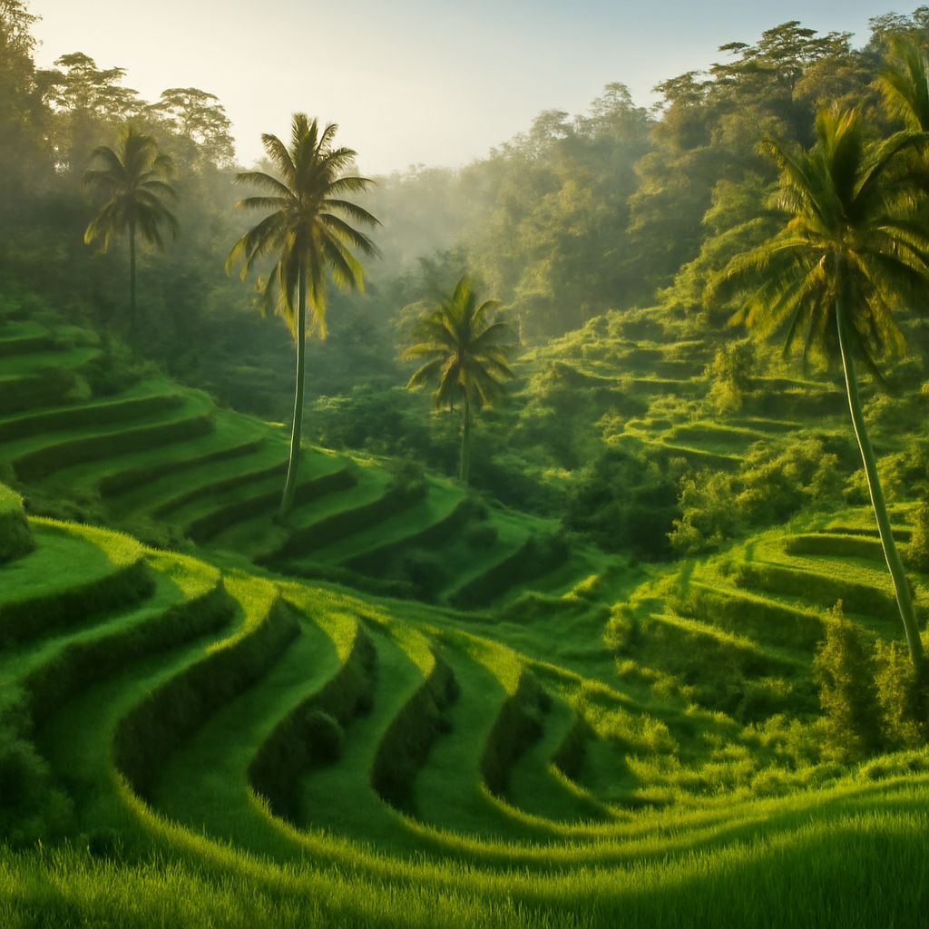 Lush green rice terraces in Tegallalang, Ubud, Bali, morning light — Ubud & Uluwatu, Bali — Bali, Indonesien — Oktober 2024 — Reisefoto von Mitch