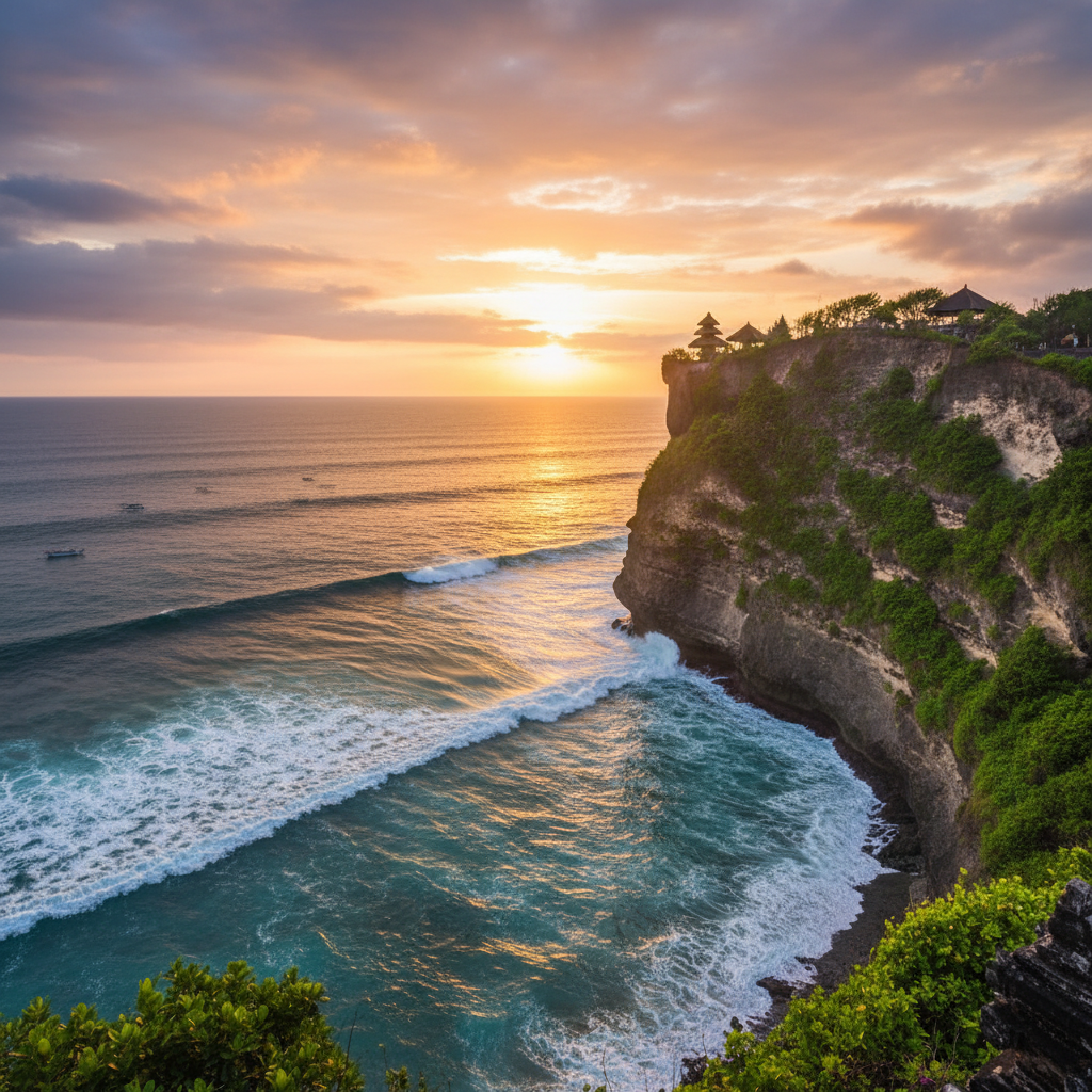 Uluwatu cliffside temple at golden hour, ocean waves below, Bali — Ubud & Uluwatu, Bali — Bali, Indonesien — Oktober 2024 — Reisefoto von Mitch