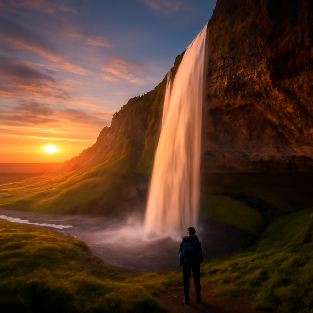 Seljalandsfoss waterfall in Iceland, midnight sun glow, lone hiker — Ring Road, Island — Island Roadtrip — Juli 2024 — Reisefoto von Mitch