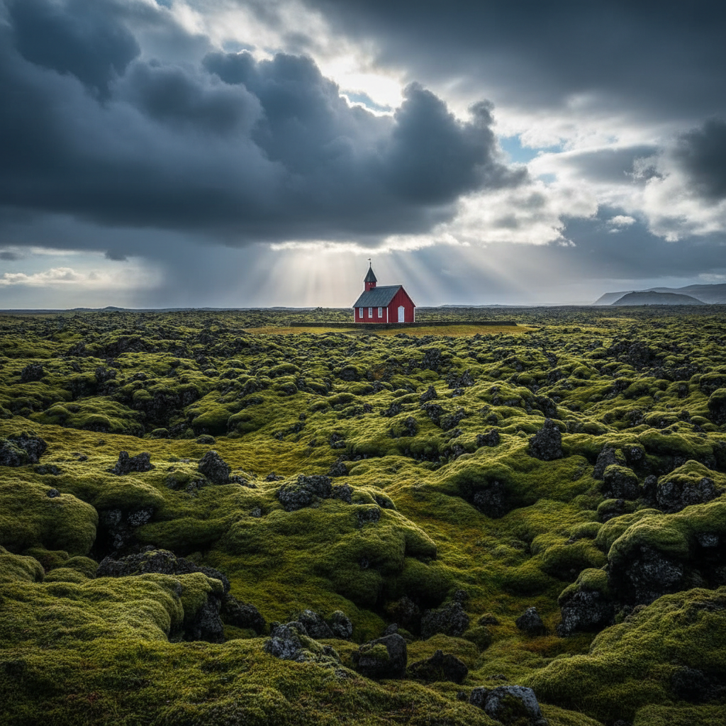 Tiny red church Búðakirkja in moss-covered lava field, dramatic clouds — Ring Road, Island — Island Roadtrip — Juli 2024 — Reisefoto von Mitch
