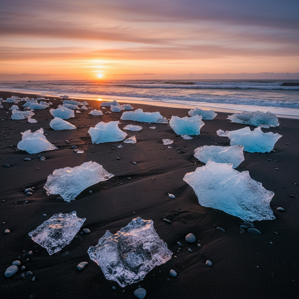 Diamond Beach Iceland, transparent ice chunks on black sand at sunrise — Ring Road, Island — Island Roadtrip — Juli 2024 — Reisefoto von Mitch