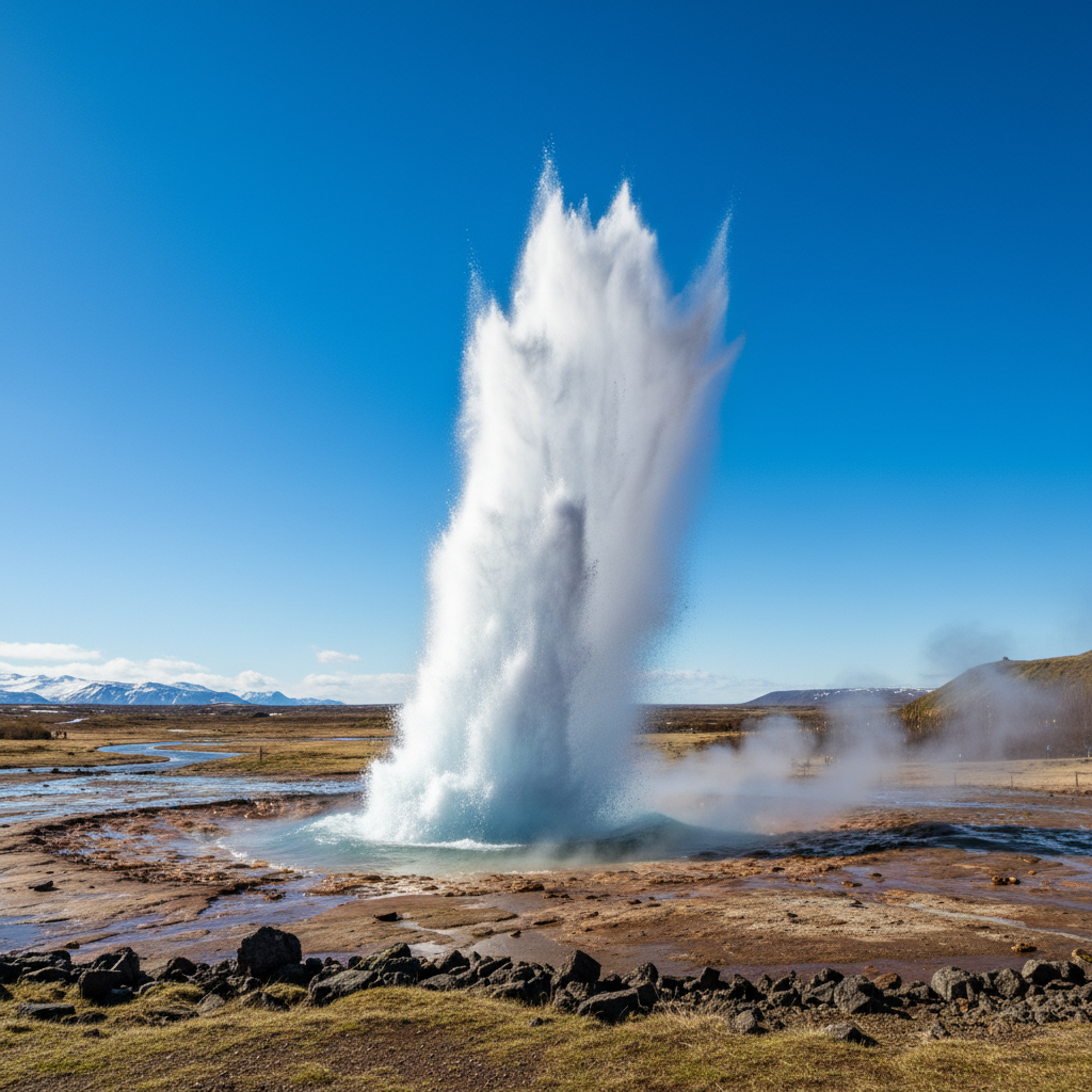 Geyser Strokkur erupting against blue sky, Iceland — Ring Road, Island — Island Roadtrip — Juli 2024 — Reisefoto von Mitch