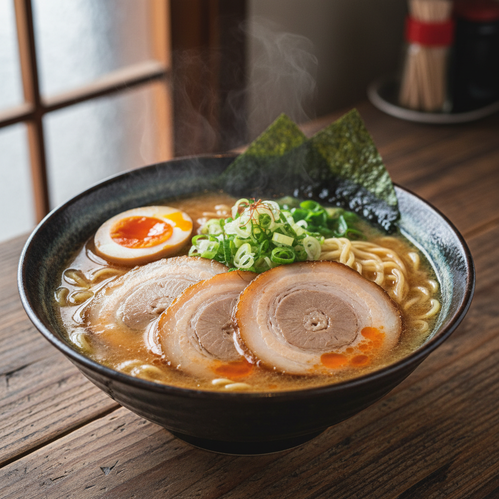 Bowl of fresh ramen with chashu, egg and scallions on wooden counter — Kyoto & Tokyo — Japan im Frühling — April 2022 — Reisefoto von Mitch