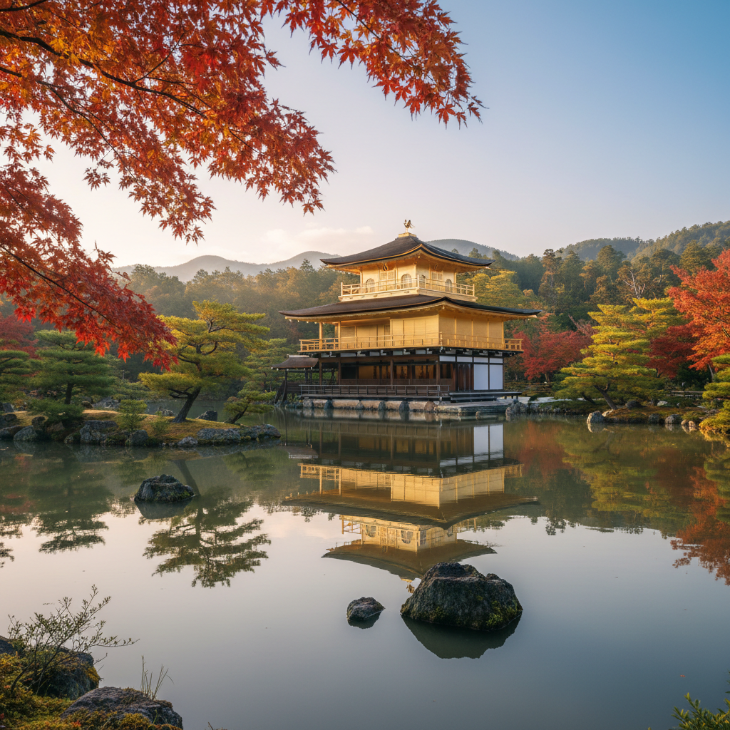 Golden Pavilion Kinkaku-ji reflected in pond, autumn morning — Kyoto & Tokyo — Japan im Frühling — April 2022 — Reisefoto von Mitch