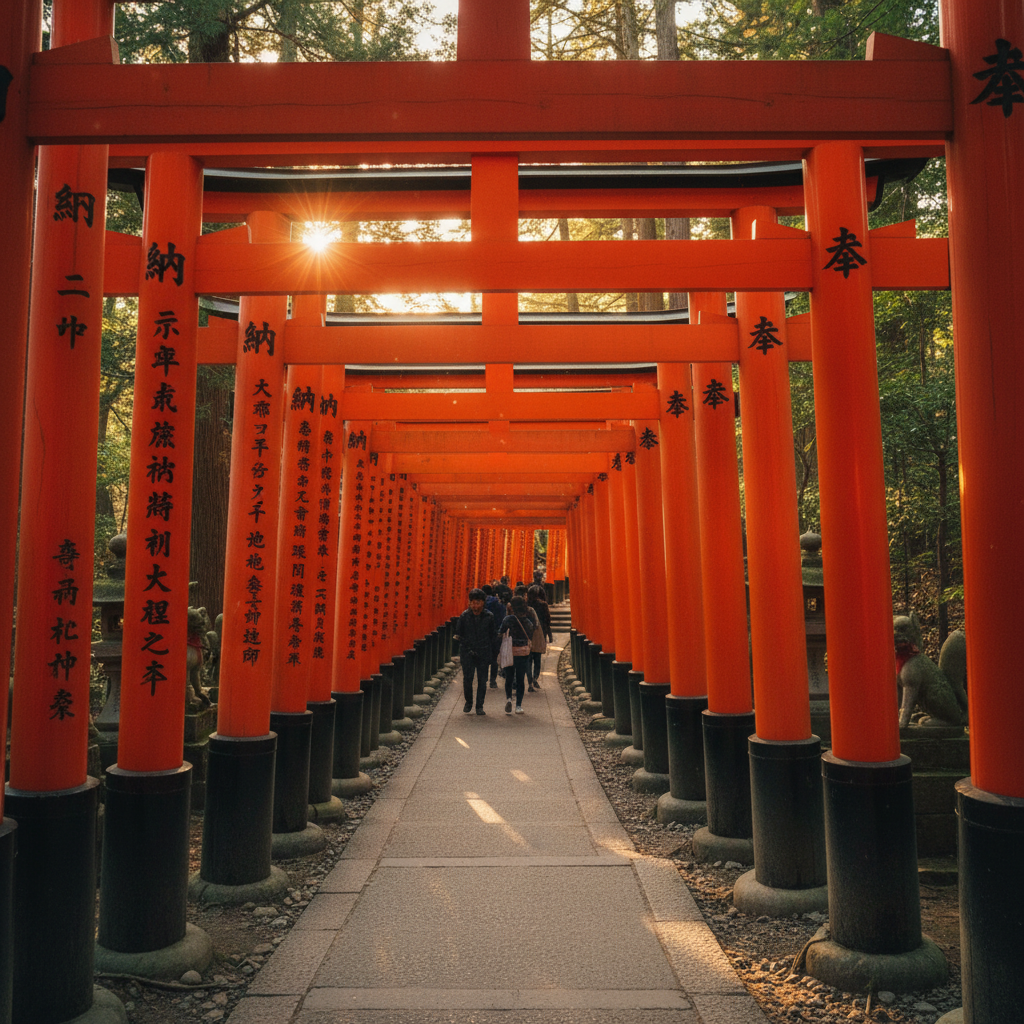 Fushimi Inari shrine red torii gate tunnel at golden hour — Kyoto & Tokyo — Japan im Frühling — April 2022 — Reisefoto von Mitch