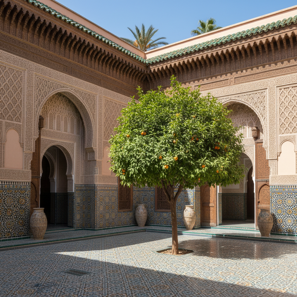 Bahia Palace courtyard with zellige tilework and orange tree, Marrakech — Marrakech & Sahara — Marokko — Mai 2023 — Reisefoto von Mitch