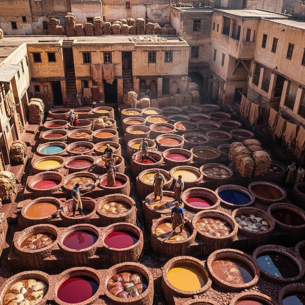 Tannery pits of Fes with colorful dyes, workers in aprons — Marrakech & Sahara — Marokko — Mai 2023 — Reisefoto von Mitch