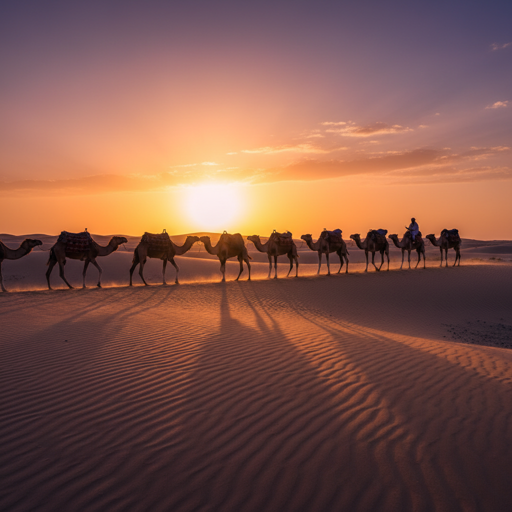 Camel caravan crossing orange Sahara dunes at sunset, long shadows — Marrakech & Sahara — Marokko — Mai 2023 — Reisefoto von Mitch