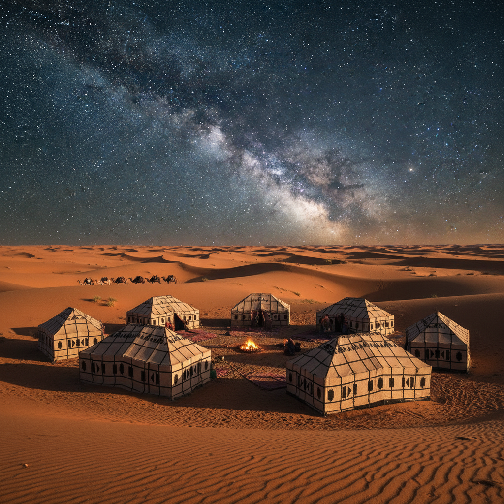 Berber tent camp under starry sky in Erg Chebbi desert — Marrakech & Sahara — Marokko — Mai 2023 — Reisefoto von Mitch
