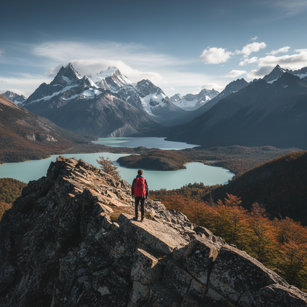 Hiker with red backpack on rocky ridge facing Patagonian mountains — Torres del Paine, Chile — Patagonien — März 2023 — Reisefoto von Mitch