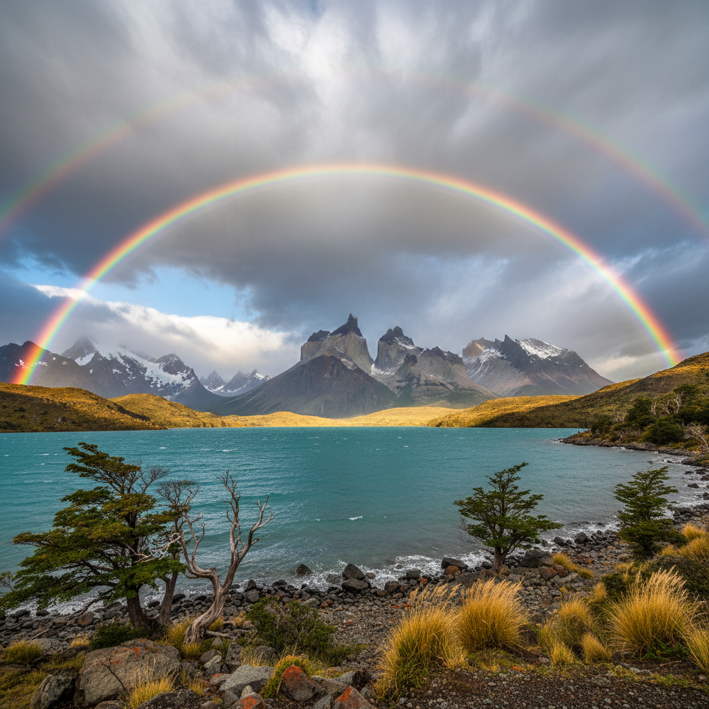 Dramatic clouds and rainbow over Lago Pehoé, Patagonia — Torres del Paine, Chile — Patagonien — März 2023 — Reisefoto von Mitch