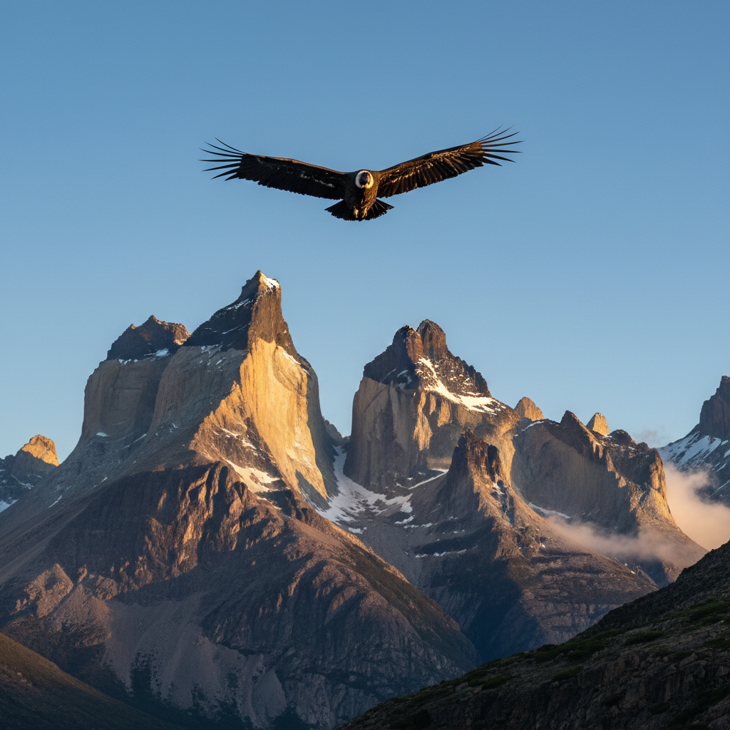 Andean condor soaring above sharp granite spires — Torres del Paine, Chile — Patagonien — März 2023 — Reisefoto von Mitch