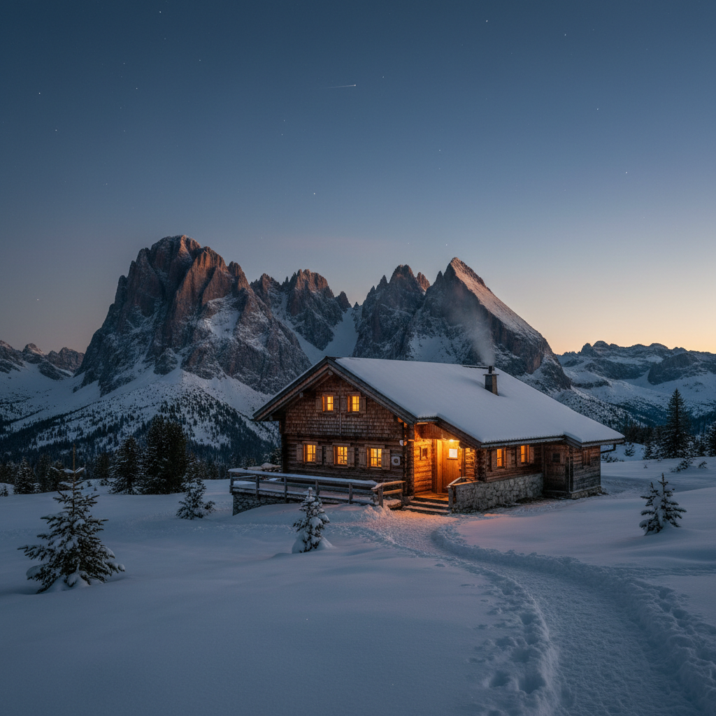 Wooden refugio hut with warm lights at dusk, mountains behind — Torres del Paine, Chile — Patagonien — März 2023 — Reisefoto von Mitch