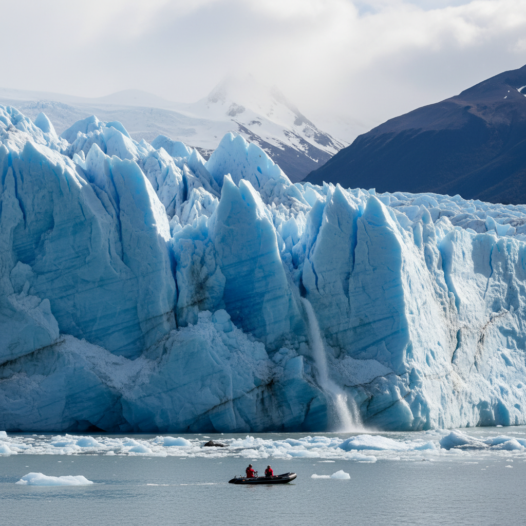 Grey Glacier wall of blue ice with small zodiac boat for scale — Torres del Paine, Chile — Patagonien — März 2023 — Reisefoto von Mitch