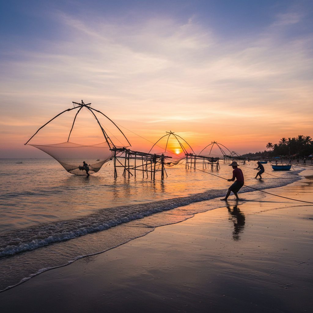 Hand-pulled fishing nets at sunset, Hoi An beach, silhouettes — Hanoi, Halong & Hoi An — Vietnam — Februar 2024 — Reisefoto von Mitch