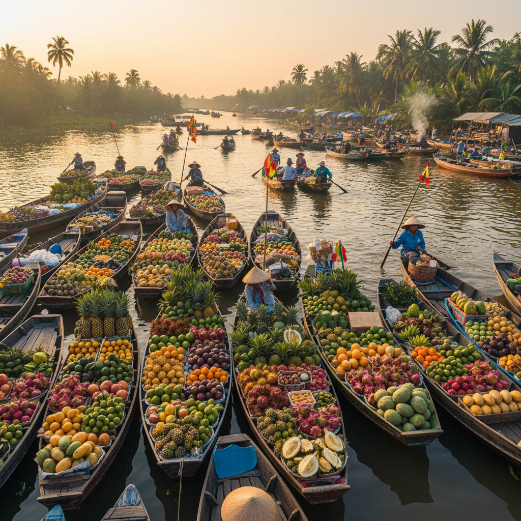 Mekong Delta floating market with boats full of tropical fruit — Hanoi, Halong & Hoi An — Vietnam — Februar 2024 — Reisefoto von Mitch