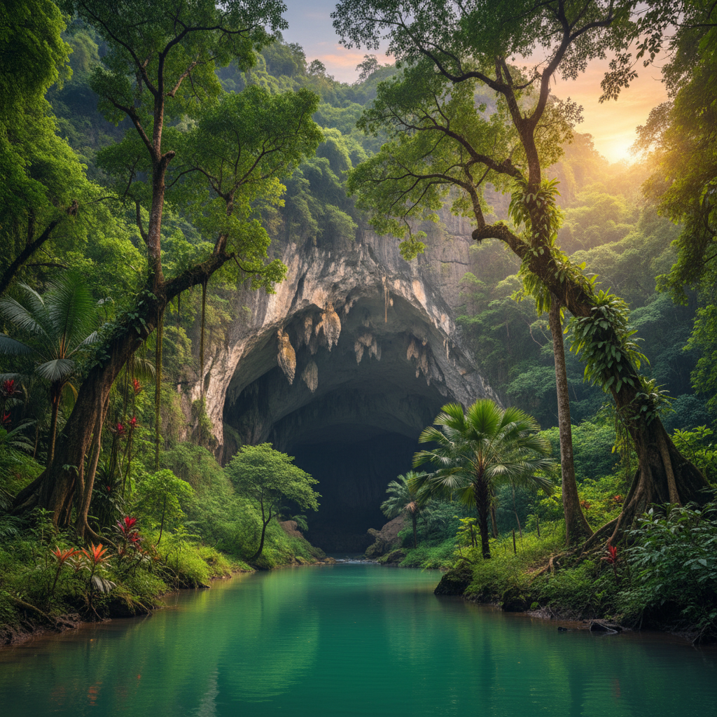 Cave entrance Phong Nha with green river and lush jungle — Hanoi, Halong & Hoi An — Vietnam — Februar 2024 — Reisefoto von Mitch