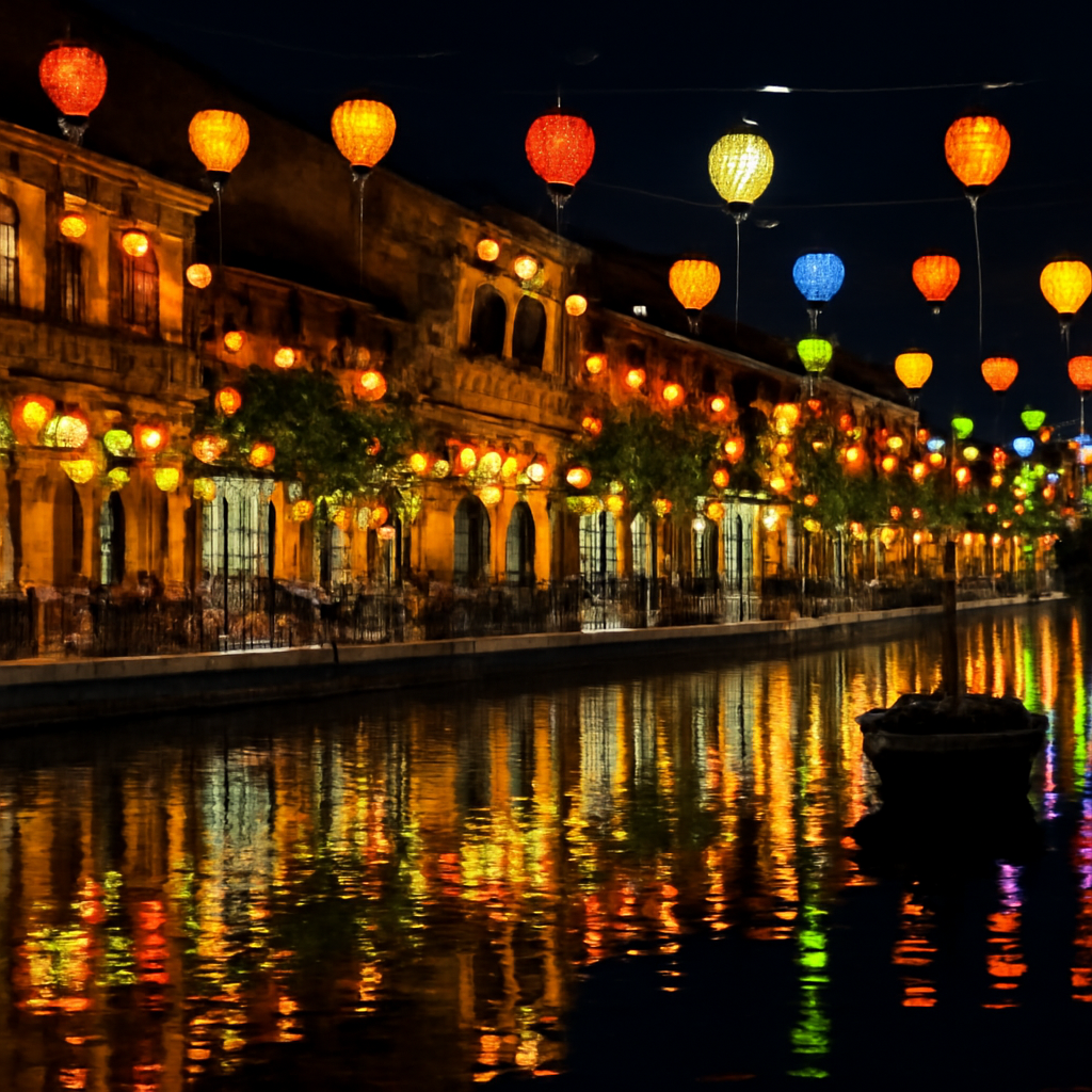 Hoi An ancient town at night, colorful silk lanterns reflecting in river — Hanoi, Halong & Hoi An — Vietnam — Februar 2024 — Reisefoto von Mitch