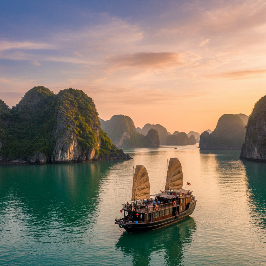 Halong Bay limestone karsts at sunrise, traditional junk boat in foreground — Hanoi, Halong & Hoi An — Vietnam — Februar 2024 — Reisefoto von Mitch